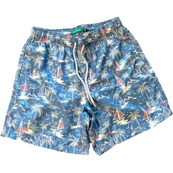 Men's Mondino Pull On Printed Swim Trunks Blue & White w/Pink Sailboats Size S - Picture 1 of 4